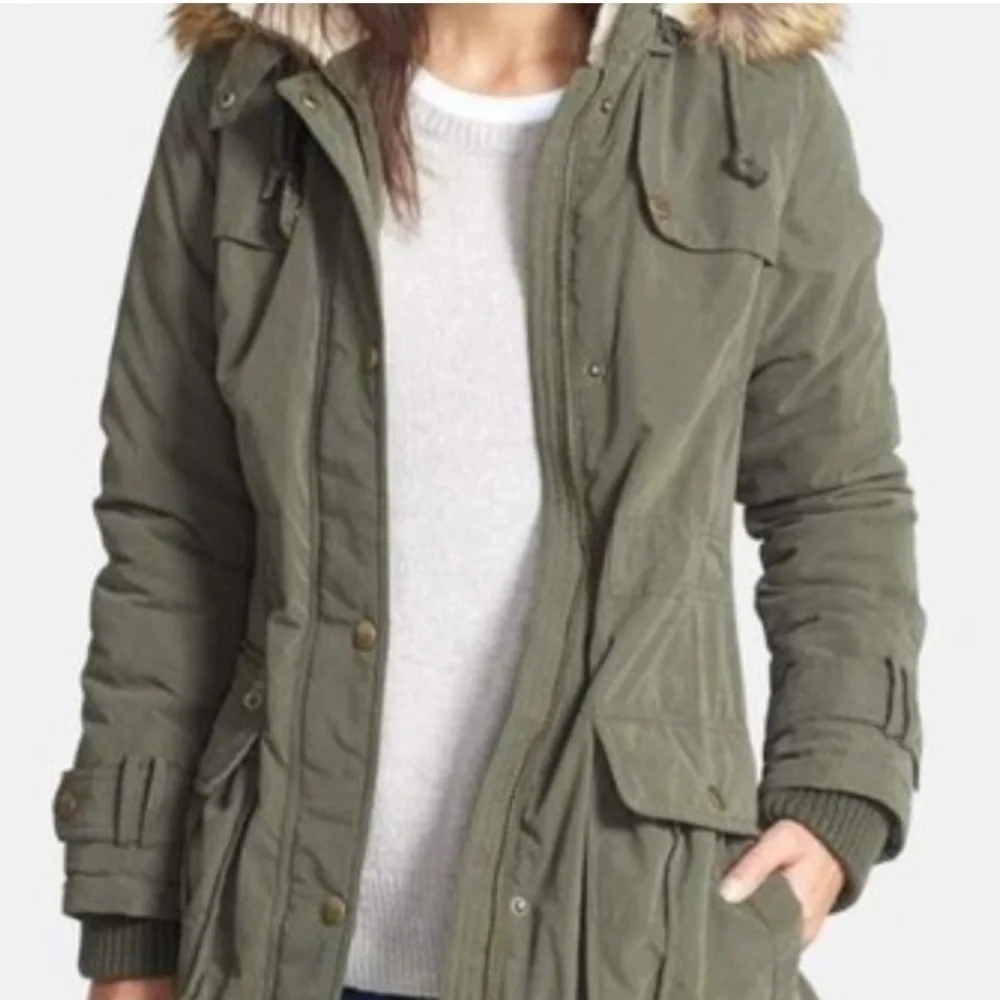 DKNY Anorak Coat faux fur hooded Olive green Size: - Picture 2 of 11